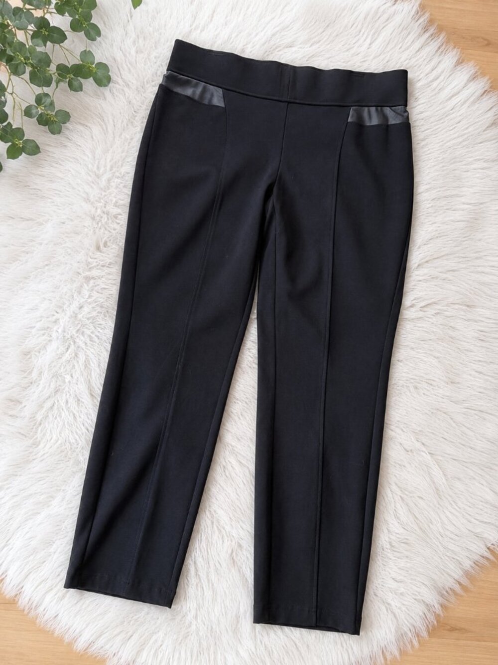 Alfani Pull-On Skinny Leg Pants Size 14W Black Tummy Control Faux Leather Trim